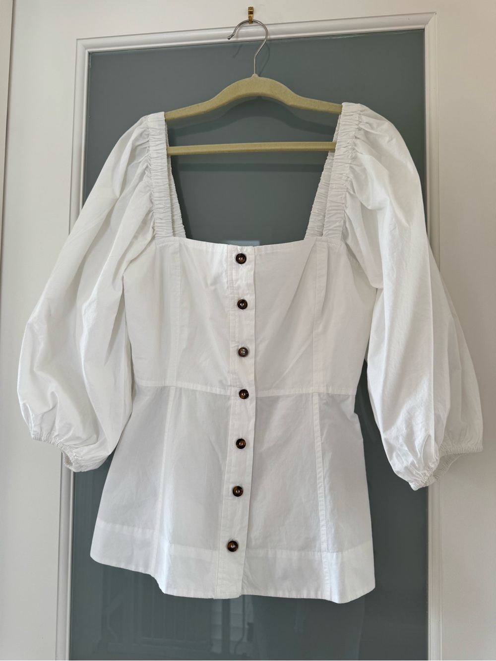 Ganni White Square-Neck Puff-Sleeve Button Front peplum top